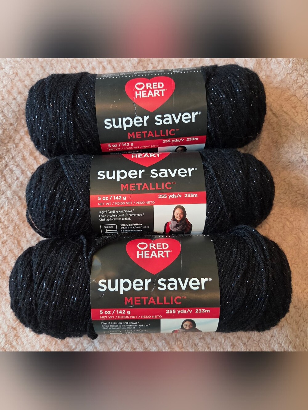 Red Heart Super Saver Metallic Yarn - Black with Silver Sparkle - 3 Skeins